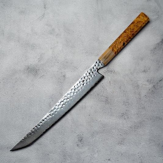 Noseto Tana 270mm Sakimaru VG-10 Damascus Slicing Knife with Stabilized Burl & White Buffalo Horn