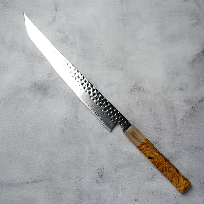 Noseto Tana 270mm Sakimaru VG-10 Damascus Slicing Knife with Stabilized Burl & White Buffalo Horn