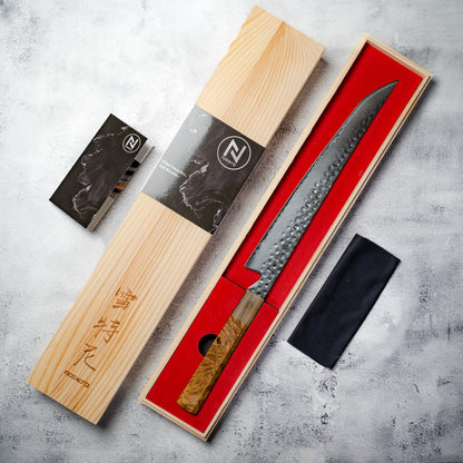 Noseto Tana 270mm Sakimaru VG-10 Damascus Slicing Knife with Stabilized Burl & White Buffalo Horn