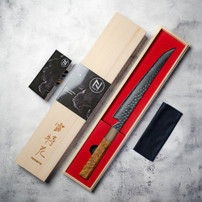 Noseto Tana 240mm Sakimaru VG-10 Damascus Slicing Knife with Stabilized Burl & White Buffalo Horn