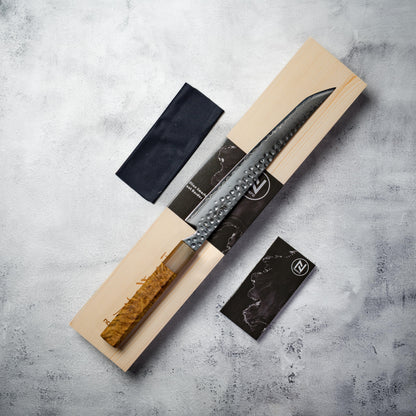 Noseto Tana 240mm Sakimaru VG-10 Damascus Slicing Knife with Stabilized Burl & White Buffalo Horn