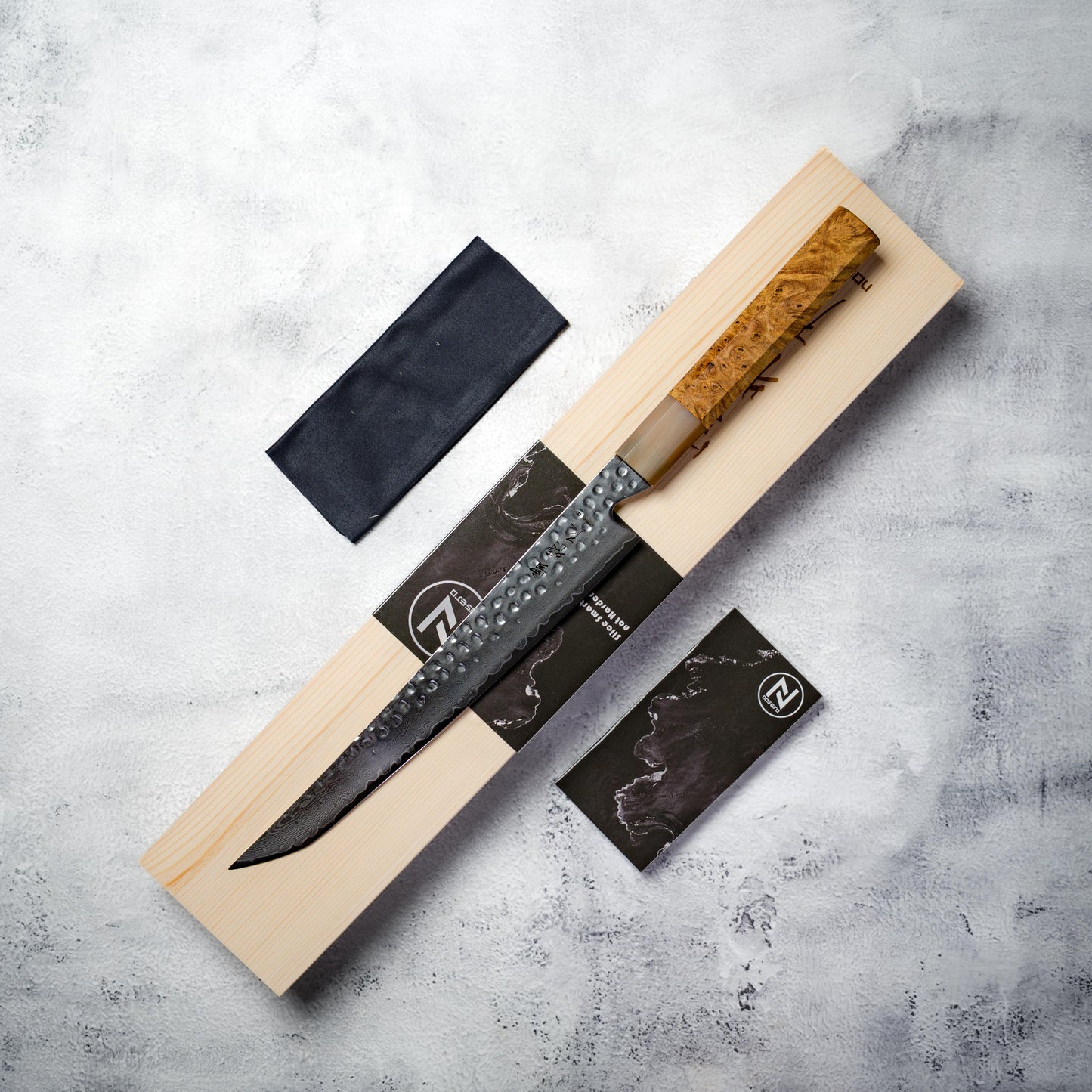 Noseto Tana 240mm Sakimaru VG-10 Damascus Slicing Knife with Stabilized Burl & White Buffalo Horn