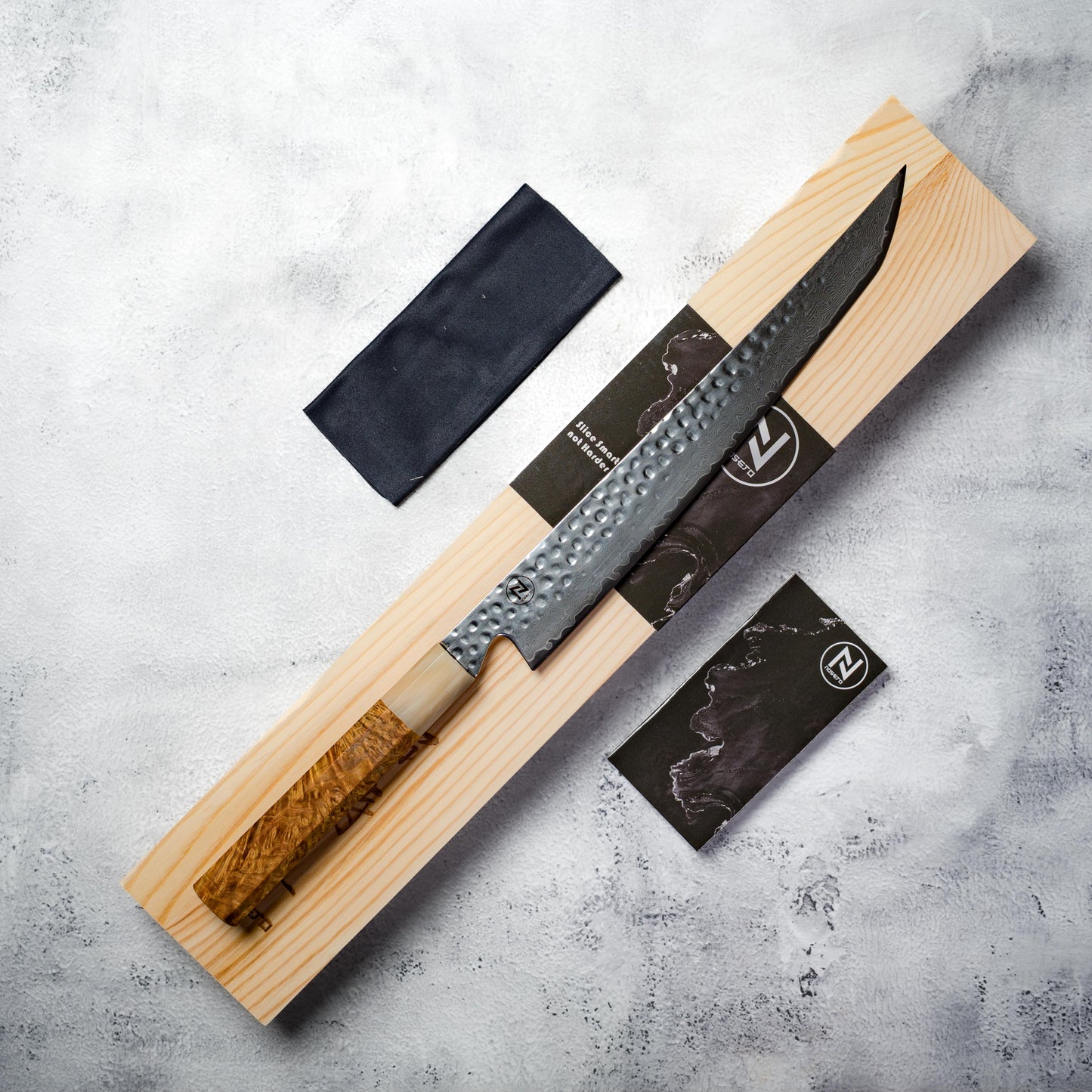 Noseto Tana 240mm Sakimaru VG-10 Damascus Slicing Knife with Stabilized Burl & White Buffalo Horn