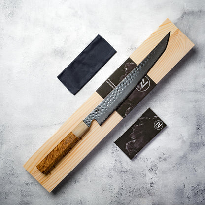Noseto Tana 240mm Sakimaru VG-10 Damascus Slicing Knife with Stabilized Burl & White Buffalo Horn