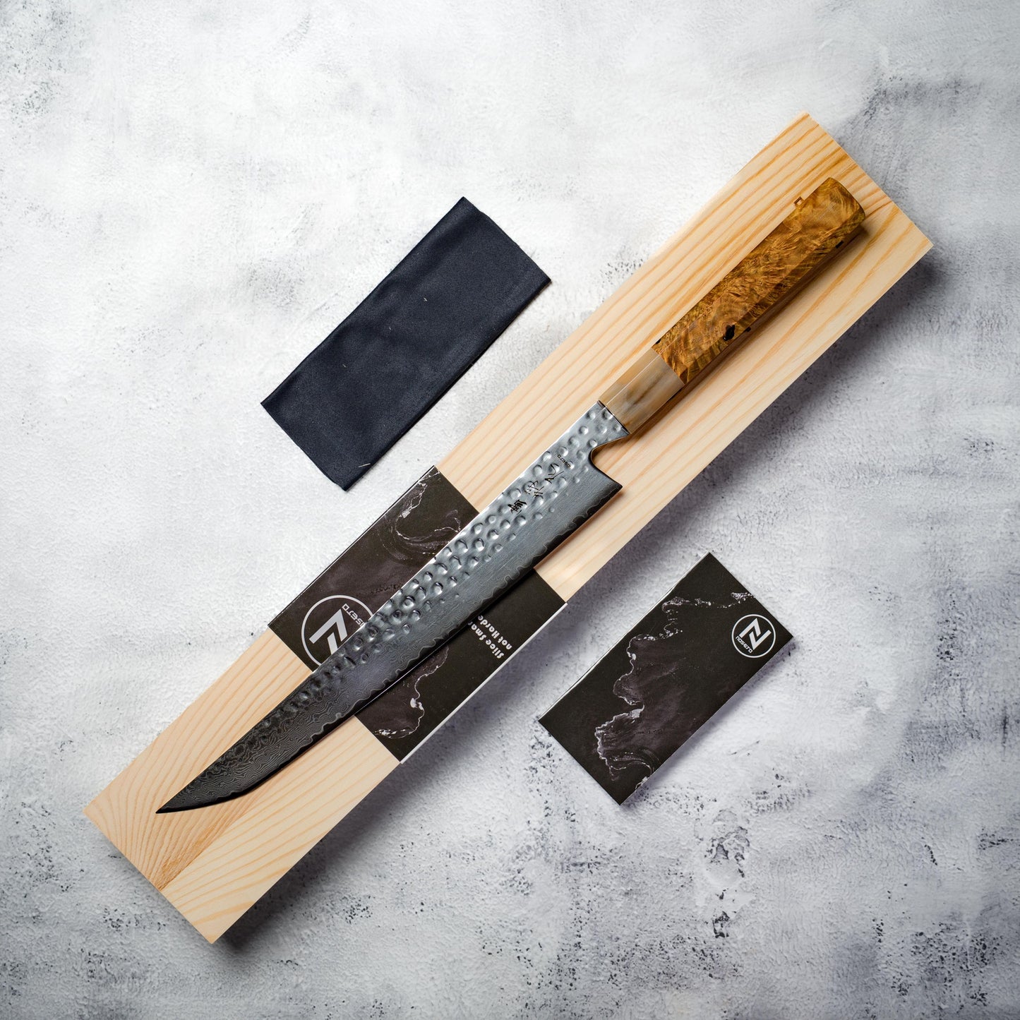 Noseto Tana 270mm Sakimaru VG-10 Damascus Slicing Knife with Stabilized Burl & White Buffalo Horn