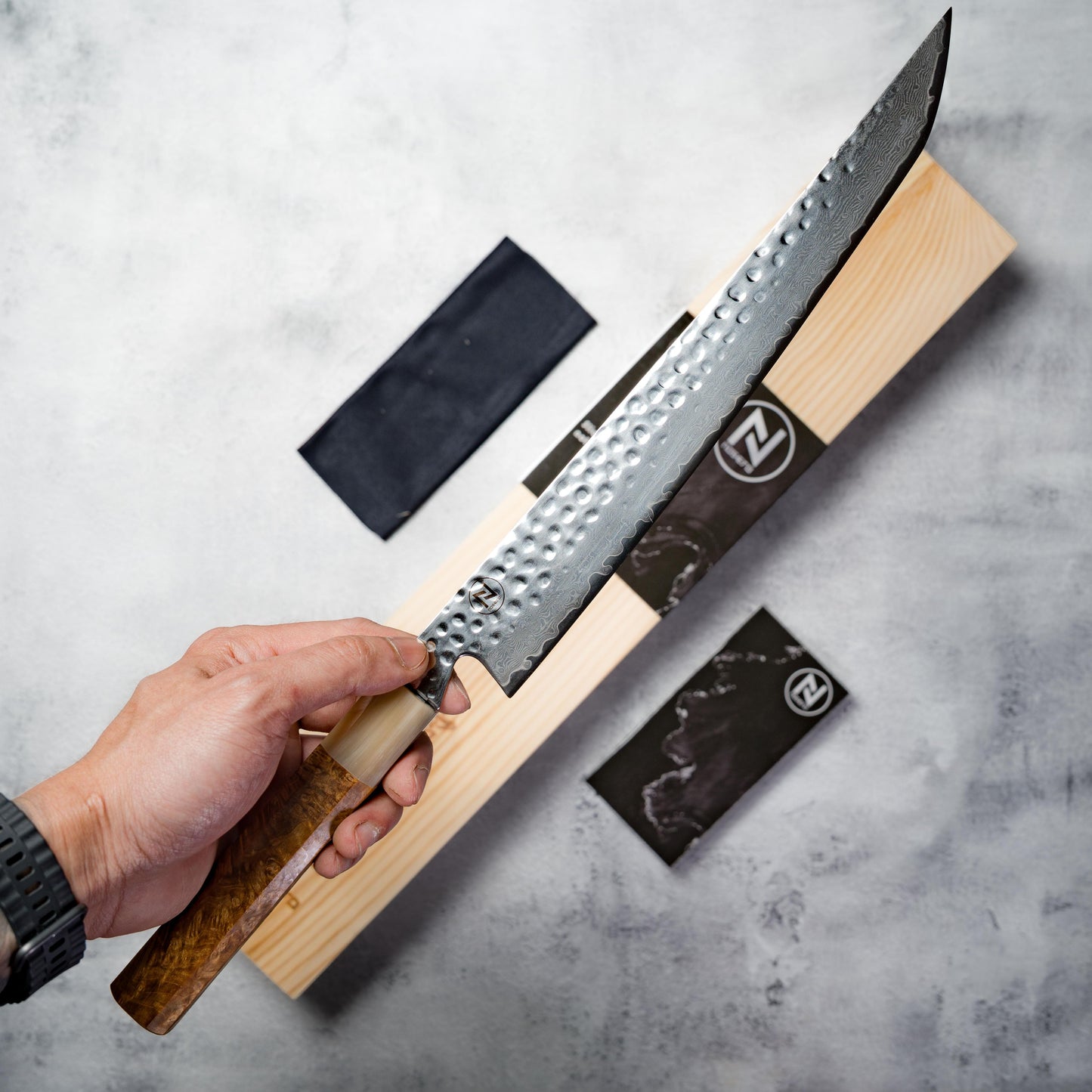 Noseto Tana 270mm Sakimaru VG-10 Damascus Slicing Knife with Stabilized Burl & White Buffalo Horn