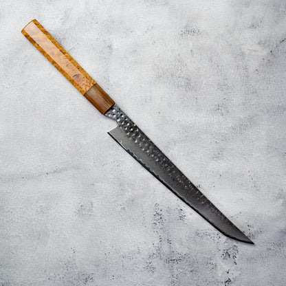Noseto Tana 240mm Sakimaru VG-10 Damascus Slicing Knife with Stabilized Burl & White Buffalo Horn