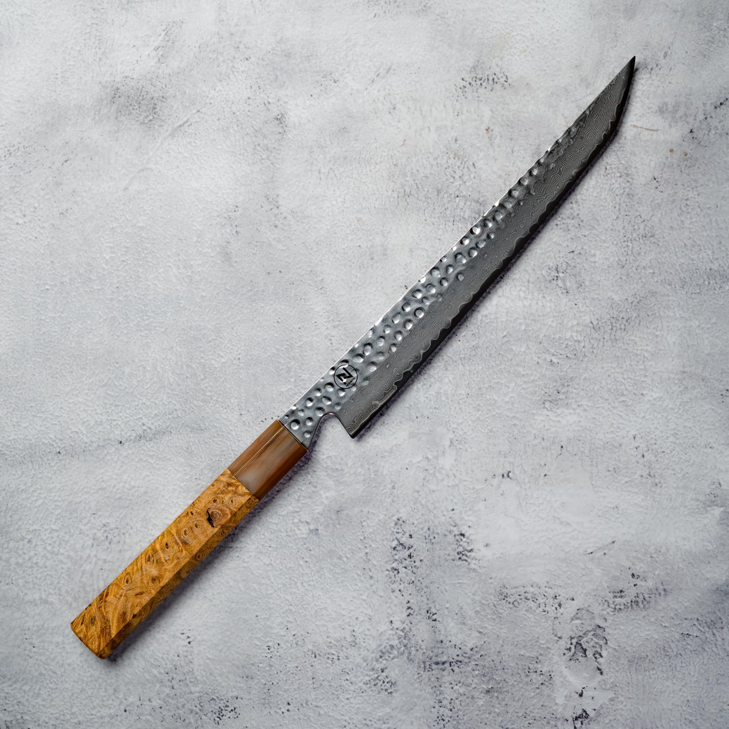 Noseto Tana 240mm Sakimaru VG-10 Damascus Slicing Knife with Stabilized Burl & White Buffalo Horn