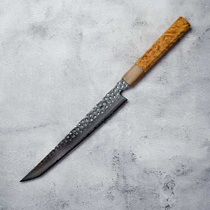 Noseto Tana 240mm Sakimaru VG-10 Damascus Slicing Knife with Stabilized Burl & White Buffalo Horn