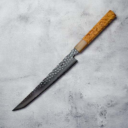 Noseto Tana 240mm Sakimaru VG-10 Damascus Slicing Knife with Stabilized Burl & White Buffalo Horn