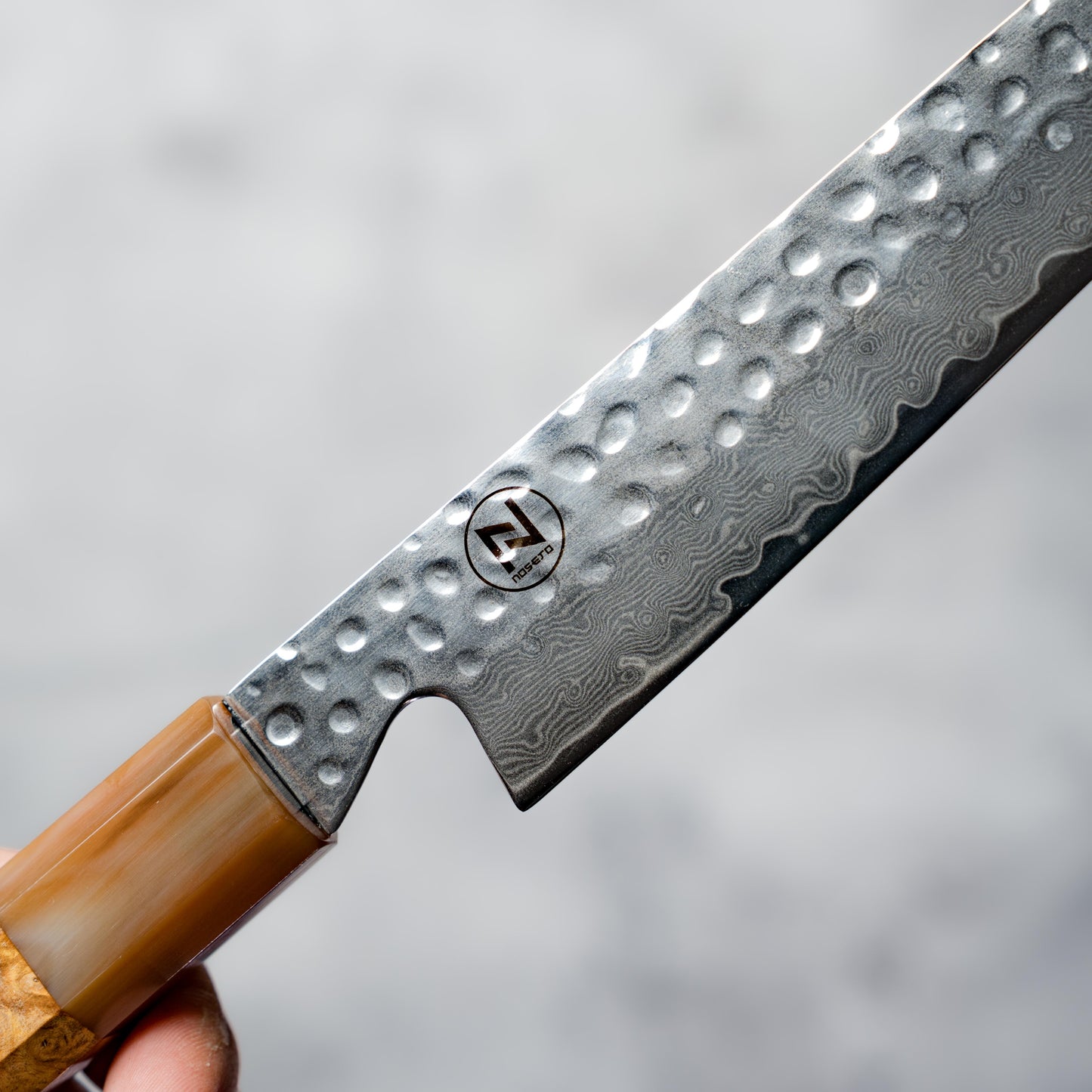 Noseto Tana 240mm Sakimaru VG-10 Damascus Slicing Knife with Stabilized Burl & White Buffalo Horn
