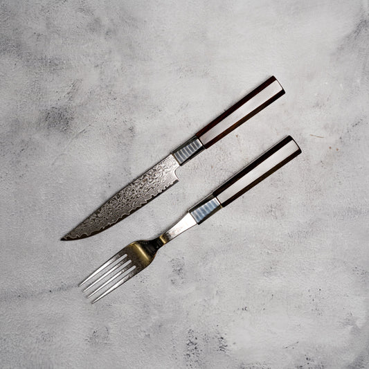 Noseto Damascus Steel Ebony Wood Handle Steak Knife and Fork Set New Cutlery