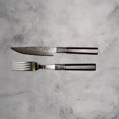 Noseto Damascus Steel Ebony Wood Handle Steak Knife and Fork Set New Cutlery