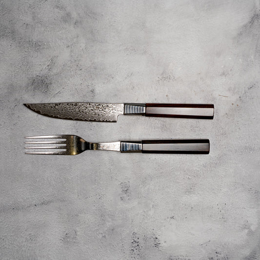 Noseto Damascus Steel Ebony Wood Handle Steak Knife and Fork Set New Cutlery