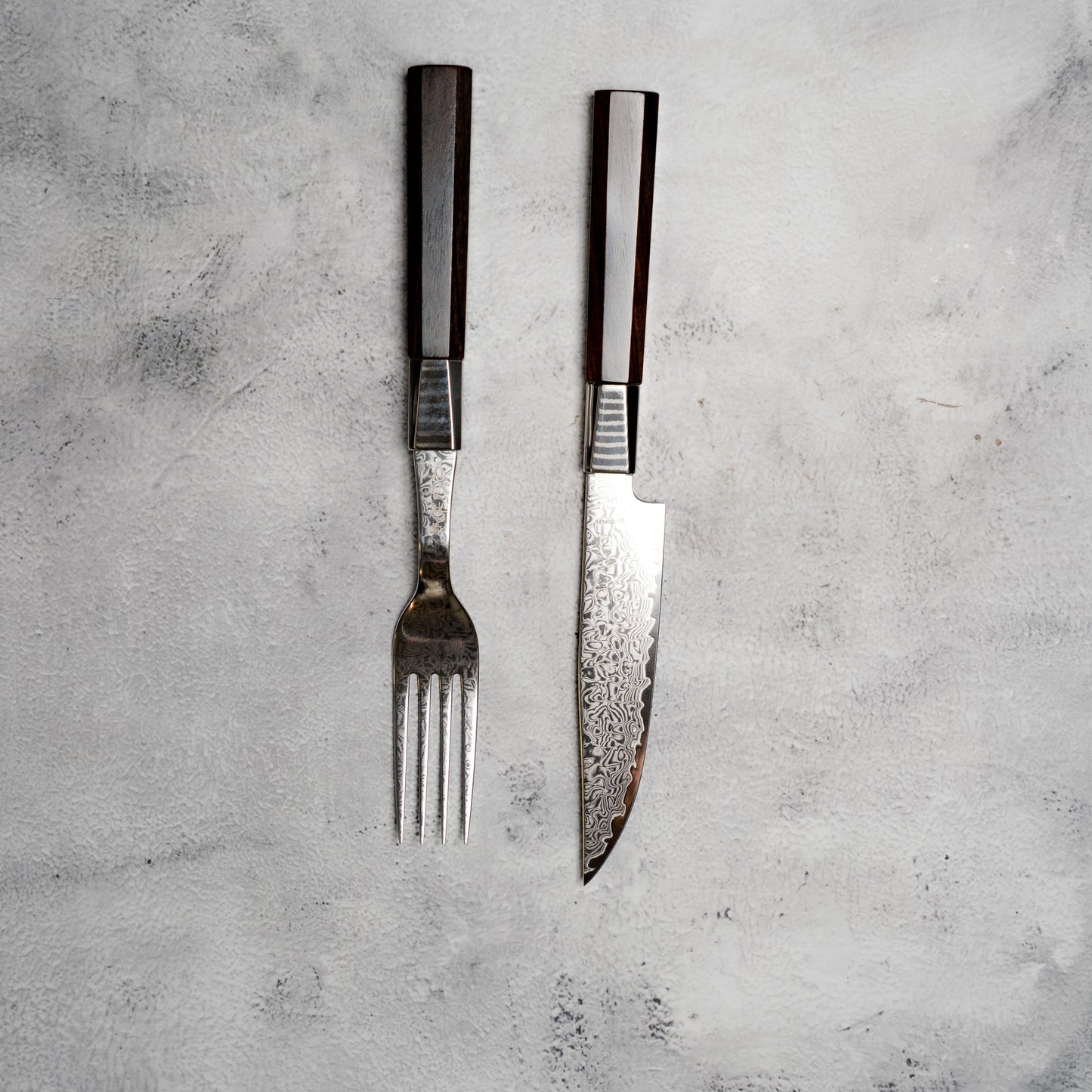 Noseto Damascus Steel Ebony Wood Handle Steak Knife and Fork Set New Cutlery