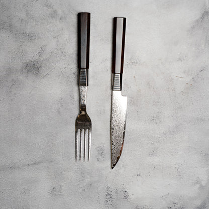 Noseto Damascus Steel Ebony Wood Handle Steak Knife and Fork Set New Cutlery