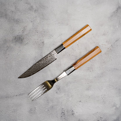 Noseto Damascus Steel Ebony Wood Handle Steak Knife and Fork Set New Cutlery