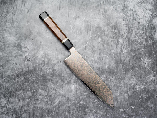 Couteau Kiritsuke Gyuto Noseto Kiiro en acier de Damas 37 couches de cuivre 210 mm avec manche en bois de fer