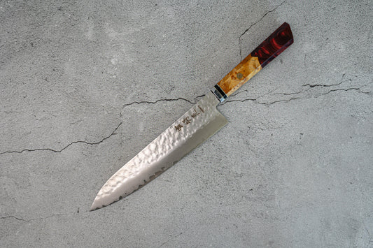 Couteau à lame Noseto Red Hammered VG-10 67 couches 210 mm Manche en résine de Damas Bois