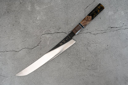 Couteau de chasse Noseto marron/bleu à haute teneur en carbone 240 mm Sakimaru Sujihiki manche en résine bois octogonal