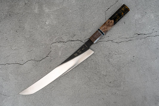 Couteau de chasse Noseto marron/bleu à haute teneur en carbone 240 mm Sakimaru Sujihiki manche en résine bois octogonal