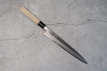 Couteau japonais Yanagiba en acier blanc Sakai Takayuki Kasumitogi, manche en magnolia