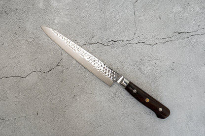 Couteau à trancher Noseto Yohan en acier damas martelé 210 mm, manche occidental en palissandre