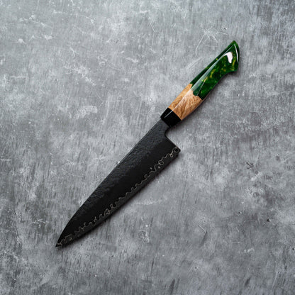 Noseto Arai Gyuto 210 mm 3 couches, noyau en acier poudré MD606 teinté noir avec résine et bois stabilisé