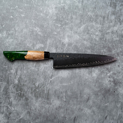 Noseto Arai Gyuto 210 mm 3 couches, noyau en acier poudré MD606 teinté noir avec résine et bois stabilisé