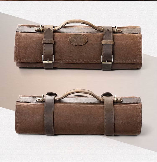Sac à couteaux de chef pliable en toile et cuir avec 12 emplacements et bandoulière