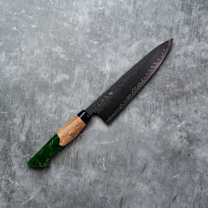 Noseto Arai Gyuto 210 mm 3 couches, noyau en acier poudré MD606 teinté noir avec résine et bois stabilisé