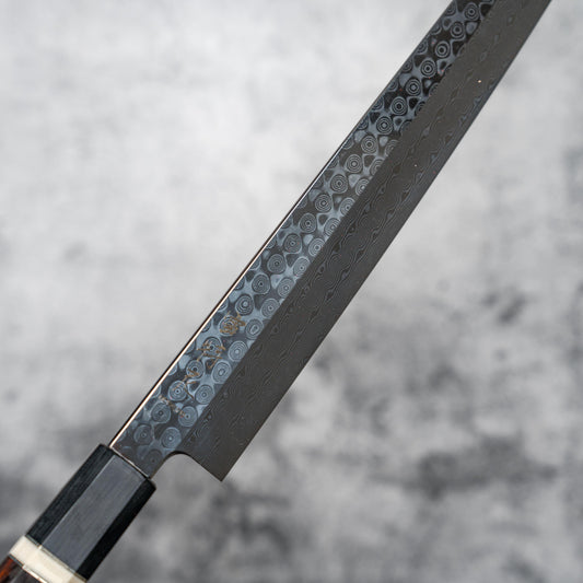 Couteau à sushi Noseto Yanagiba Kiritsuke 270 mm en acier damas 110 couches à haute teneur en carbone avec manche en bois de fer