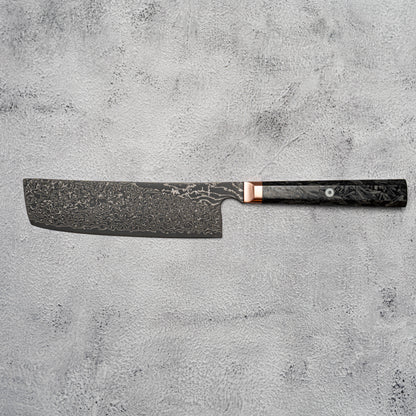 Couteau Nakiri Noseto Masu 170 mm, 67 couches, acier Damas Aus-10, avec renfort en cuivre et fibre de carbone