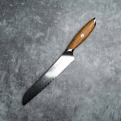 Couteau à pain Noseto Batsu 210 mm, 73 couches d'acier Damas avec manche en bois d'olivier