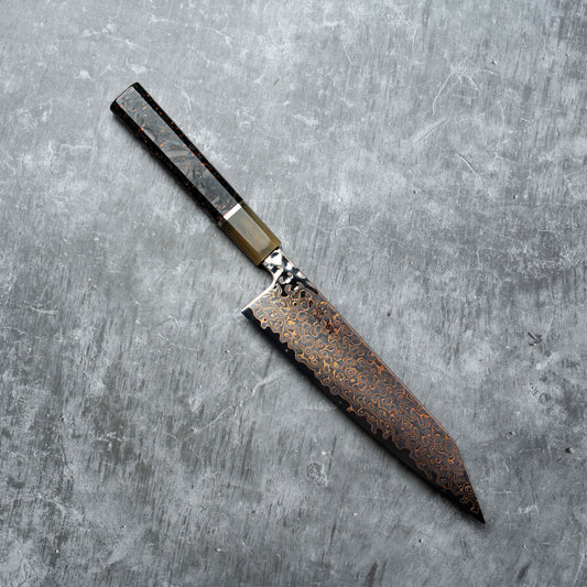 Noseto Kuza 210mm Kiritsuke 67 Layers VG-10 Copper Damascus with Buffalo Horn Resin Mixed Carbon Fiber
