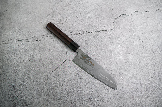 Couteau japonais Santoku Kanetsune Blue Steel n° 2 Damas 165 mm, manche Shitan