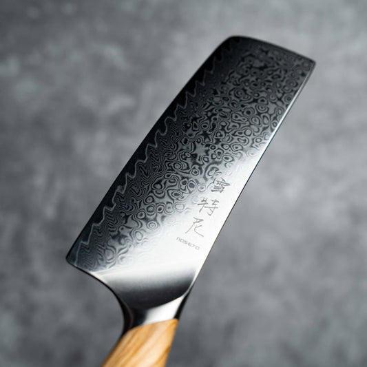 Couteau à lame Nakiri Noseto Batsu 180 mm, 73 couches, en acier damas avec manche en bois d'olivier