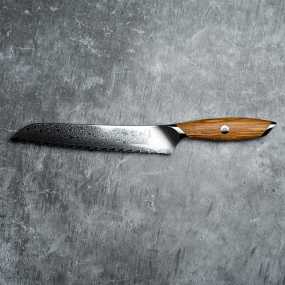 Couteau à pain Noseto Batsu 210 mm, 73 couches d'acier Damas avec manche en bois d'olivier