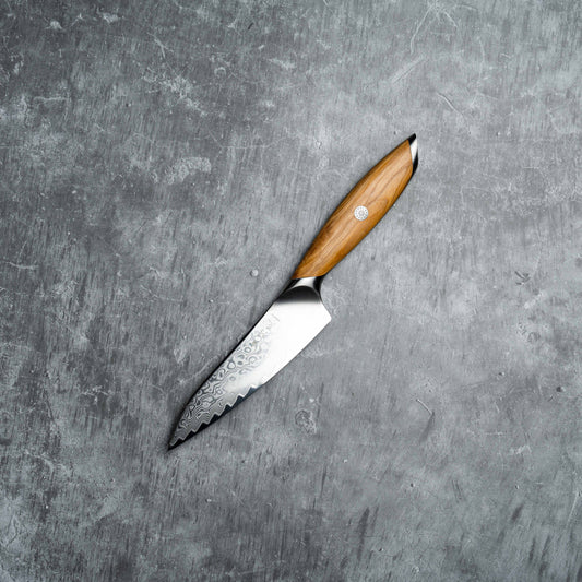 Couteau à lame Noseto Batsu Petty 135 mm, 73 couches, en acier damas avec manche en bois d'olivier