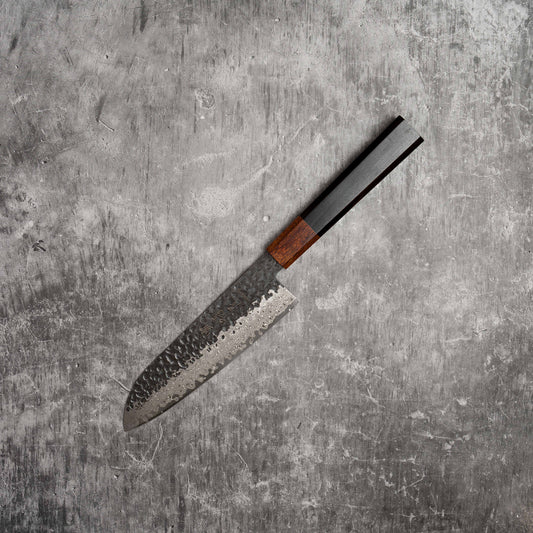 Noseto Kuki Santoku 160mm 67 couches Damas Tsuchime Finition Bois Pakka Noir