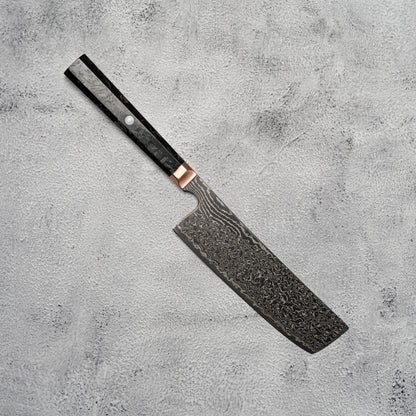 Couteau Nakiri Noseto Masu 170 mm, 67 couches, acier Damas Aus-10, avec renfort en cuivre et fibre de carbone