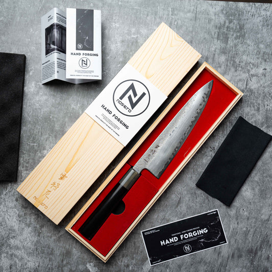 Couteau à lame fixe Noseto Ginro Gyuto 210 mm, forgé argenté, acier poudré S35Vn USA, manche en corne de buffle et ébène