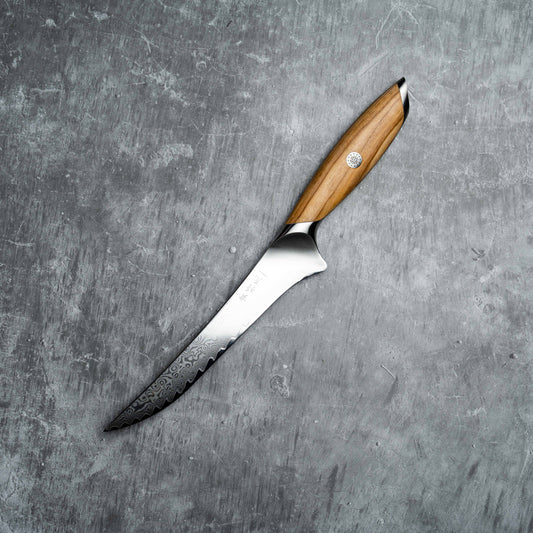 Couteau à désosser/fileter Noseto Batsu 180 mm 73 couches d'acier damas avec manche en bois d'olivier
