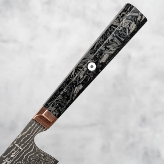 Couteau Nakiri Noseto Masu 170 mm, 67 couches, acier Damas Aus-10, avec renfort en cuivre et fibre de carbone
