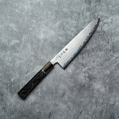 Couteau Noseto Kuza 210 mm Gyuto 67 couches VG-10 en cuivre damas avec résine de corne de buffle et fibre de carbone mélangée