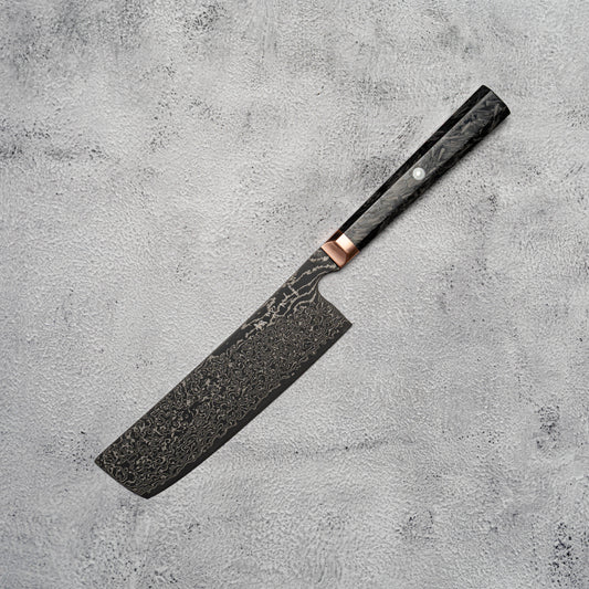 Couteau Nakiri Noseto Masu 170 mm, 67 couches, acier Damas Aus-10, avec renfort en cuivre et fibre de carbone