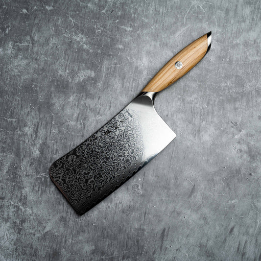 Couperet Noseto Batsu 175 mm, 67 couches d'acier Damas avec manche en bois d'olivier