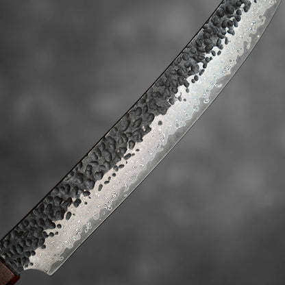 Couteau de boucher Noseto Kuki 240 mm, 67 couches, finition Damas Tsuchime, bois Pakka noir